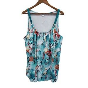 Sea Life Ocean Print Tankini Top Womens 2XL Teal Scoop Neck Pullover Swimwear